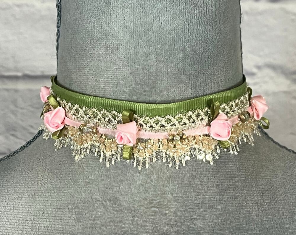 Handmade Victorian Shabby Chic Lace & Ribbon Beaded Choker with Rosettes